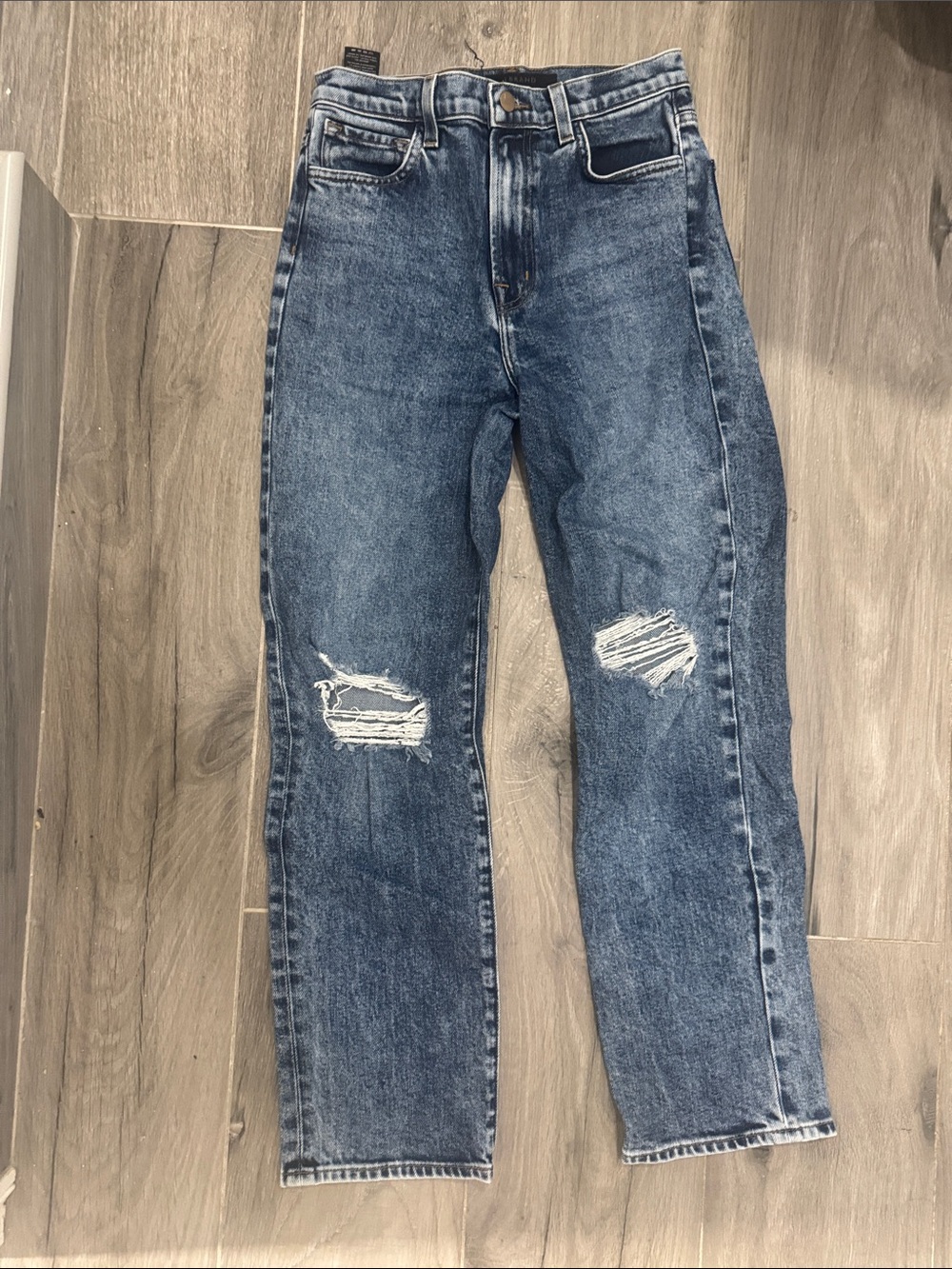 J Brand Medium Blue High-Rise Distressed Straight Jeans